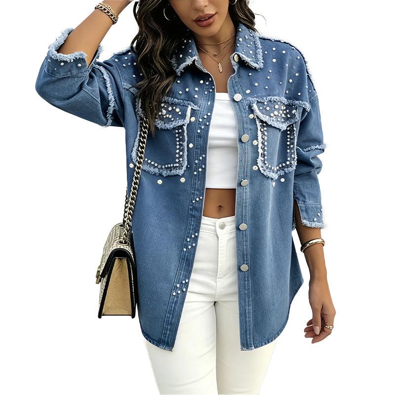 Beaded Long Lapel Oversize Blue Denim Jacket for Women