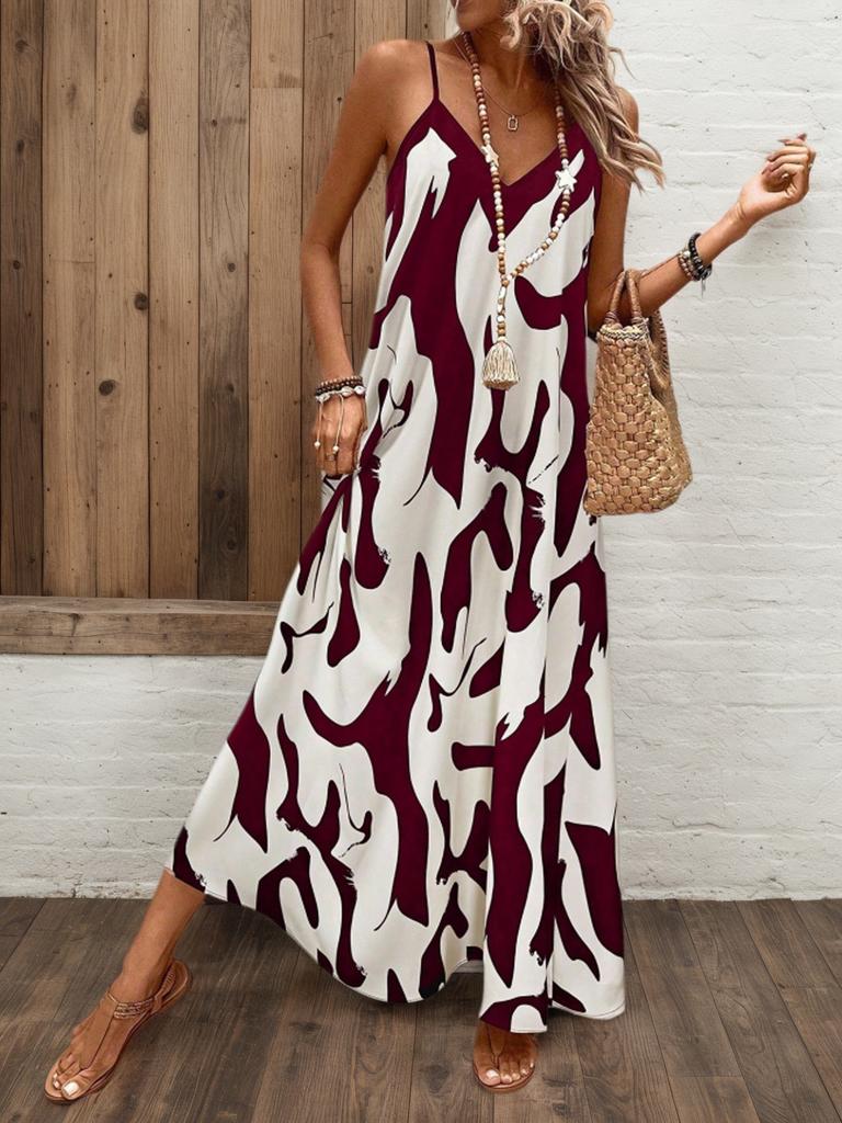 Ladies Lake Blue Abstract Ink Printing V-neck Thin Suspender Long Dress Loose Pendant Big Pendulum Vacation Leisure Beach