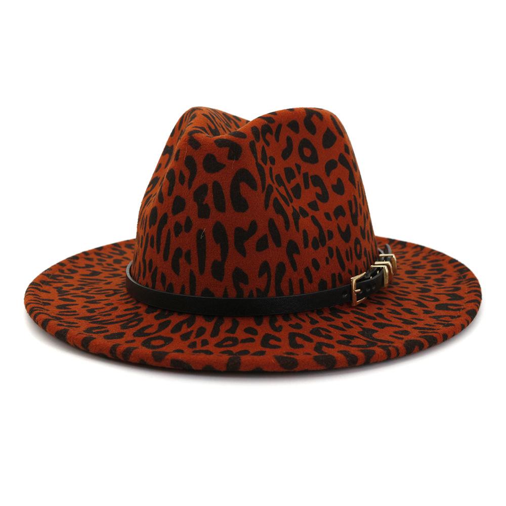 Wzcx Fashion Belt Flat Top Women Leopard Felt Hat Autumn Winter Casual Tide Personality Girls Jazz Hat Adult Cap