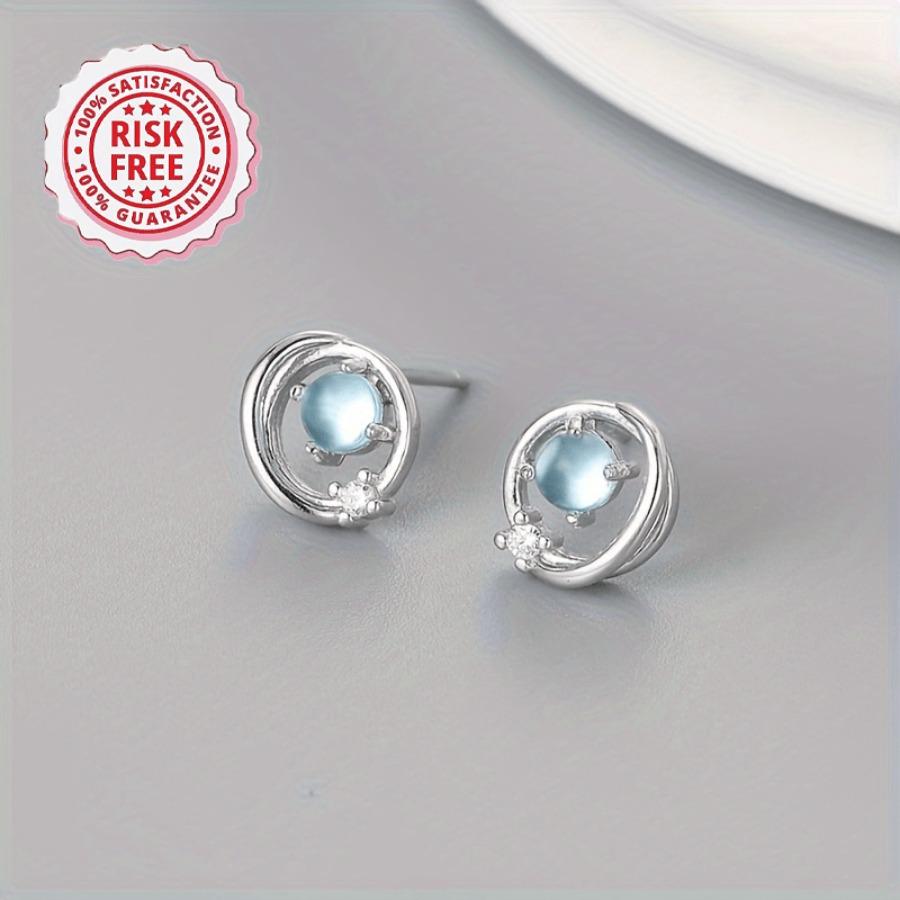 1 Pair of Silvery Stud Earrings, Featuring a Hollow-out Circular Moonlight Blue Design—simple, Hypoallergenic
