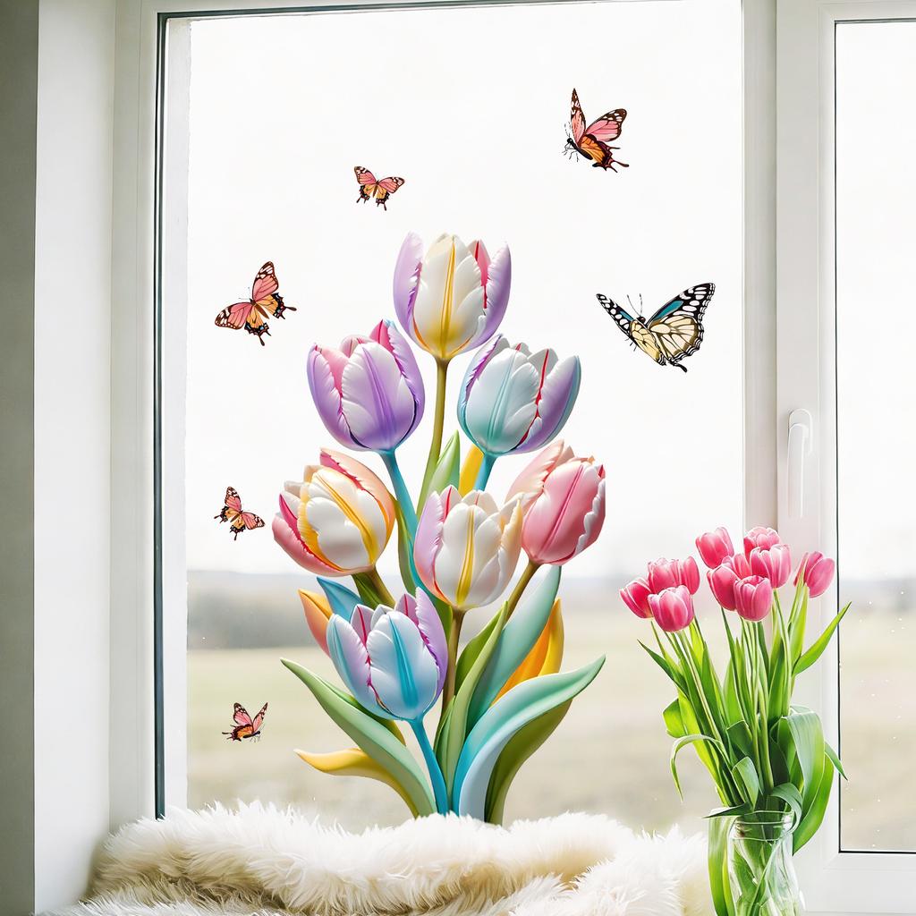 Colorful Tulips Butterflies Wall Sticker Set Modern Minimalist Home Decor for Living Room Study Waterproof Self-Adhesive Removable