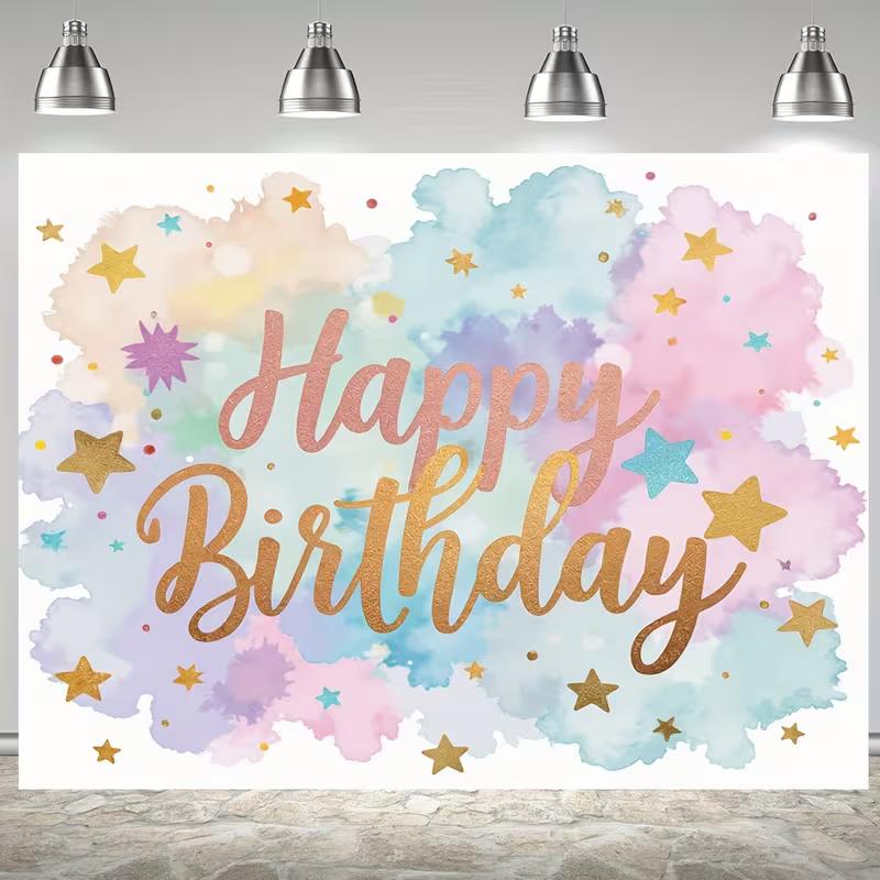 2D Watercolor Pastel Happy Birthday Backdrop for Kids Photography Background