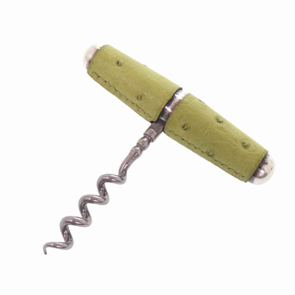 Used AUTHENTIC HERMES Wine openerKey Holder Green/Silver Ostrich/Metal