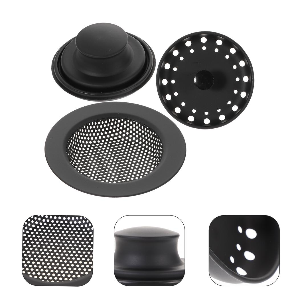 3 Pcs Sink Strainer Kitchen Drain Disposal Flange and Stopper Plug Black Accessories Stainless Steel Essentials