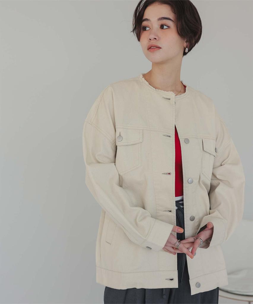 Titibait Collarless Denim Jacket AFXT0279 L Ivory Women's