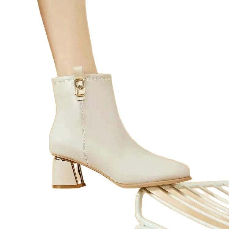 French thick heel thin boots 2025 autumn and winter new short leather single boots soft leather small short boots women's medium high heel Martin boot