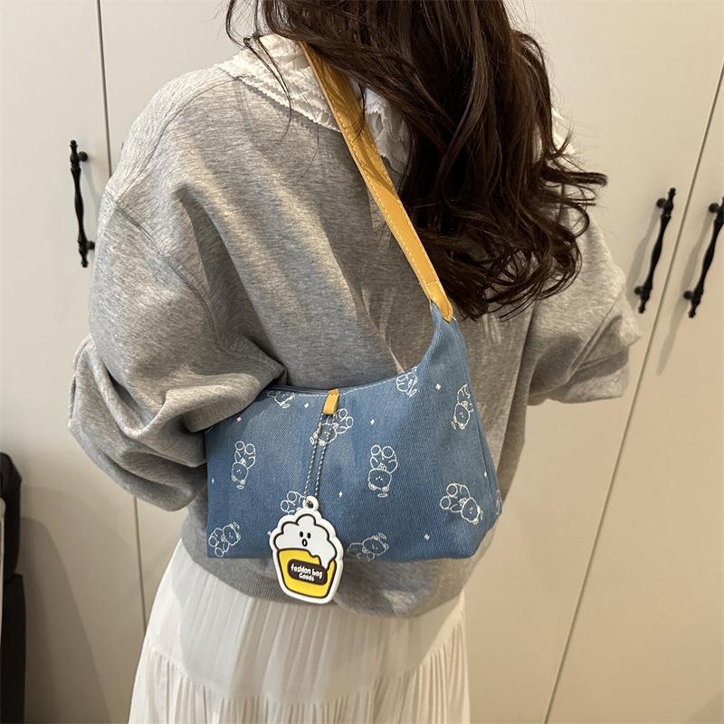 Korean Version of Single Shoulder 2025 Spring Simple Casual Portable Cute Cat Print Denim Small Square Bag Dark Blue
