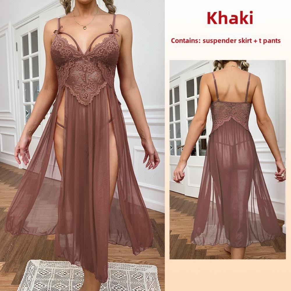 Large Size Sexy Mesh Deep V Lace Pajamas Side Split Suspender Skirt Extended Loungewear Nightdress