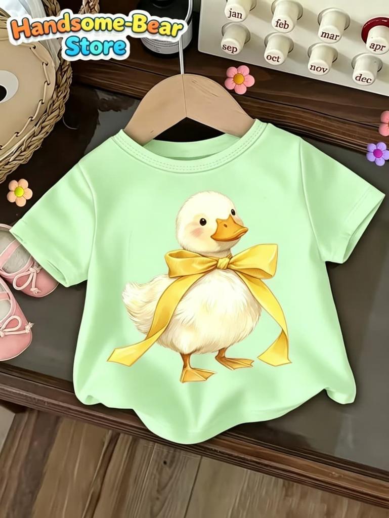 Cute Bow Duck Print Short-Sleeved T-Shirt for Girls Soft Round Neck Top Fashion Loose Summer Gift for Girls Casual Girl Clothes