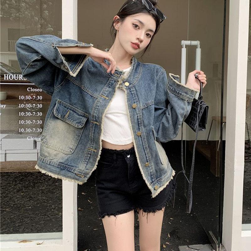 

Винтажный стиль, куртка из выстиранного денима с кисточками, женская, осенняя, свободного кроя, с круглым вырезом, повседневная, женское пальто, длинный рукав, подходит ко всему, верхняя одежда 2XL синий