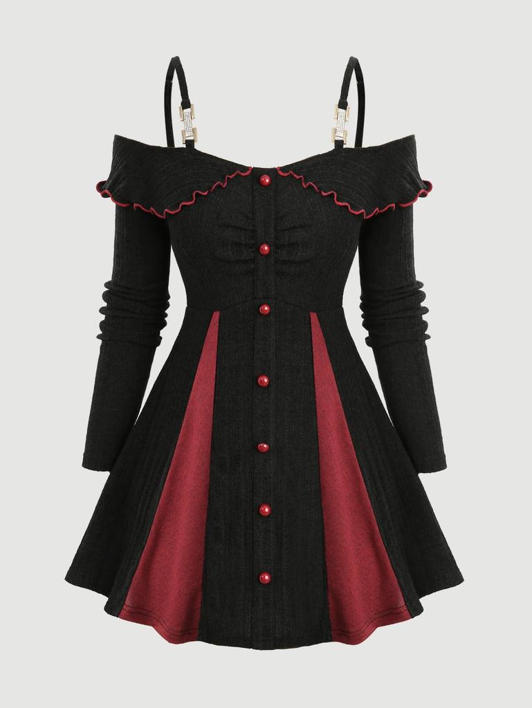 Rosegal Plus Size Ruffles Collar Full Button Ruched Ribbed Patchwork Long Sleeves Top