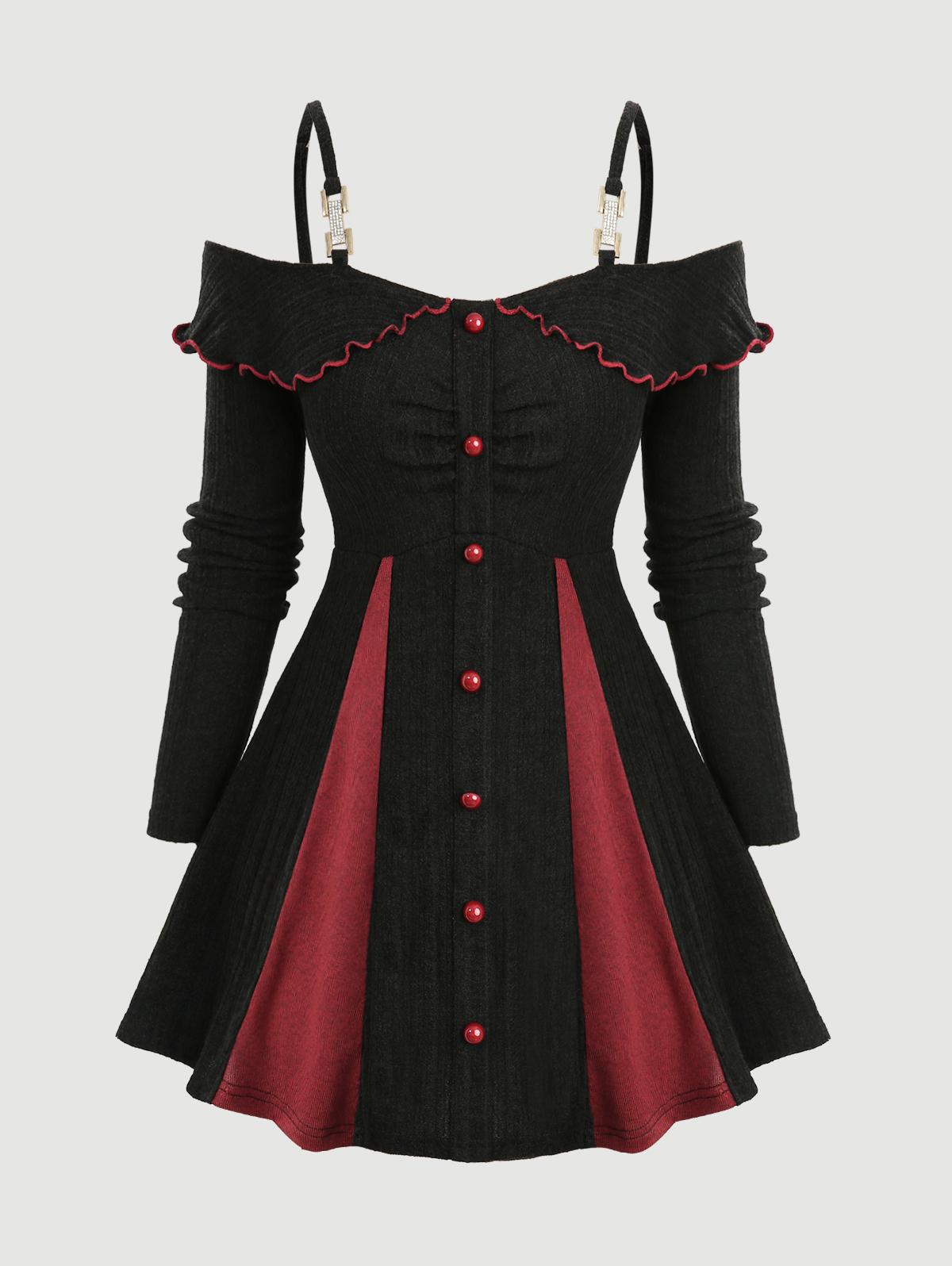 

Rosegal Большой размер Топ с оборками на воротнике, на пуговицах, с драпировкой, в рубчик, пэчворк, с длинными рукавами 3XL чёрный