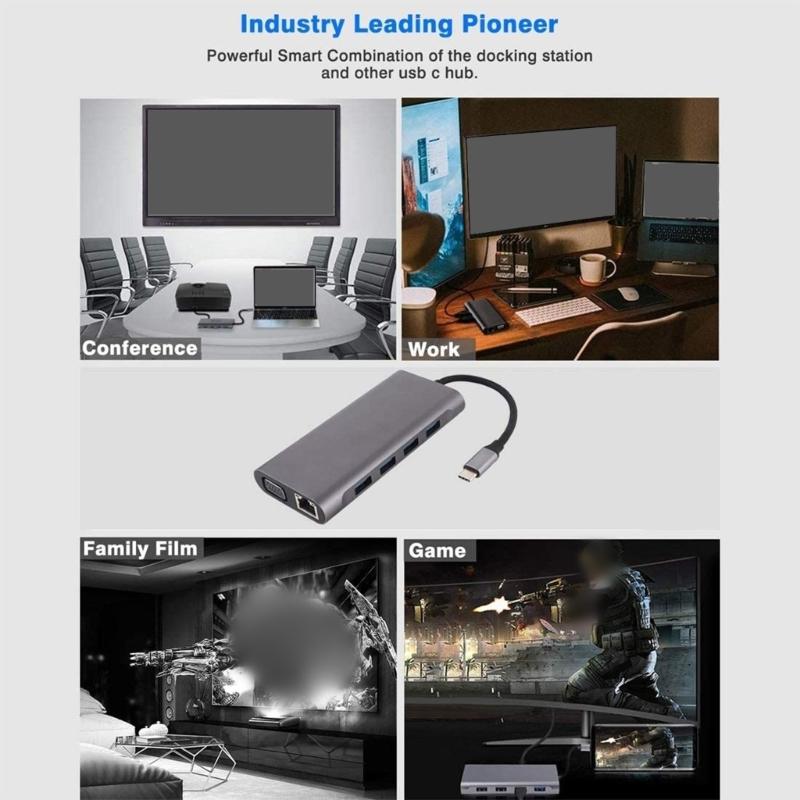 USB C to HDTV Adapter 11 Port Expansion Dock With RJ45 Gigabit Ethernet 3.5mm USB3.0 Data Transfer Memory Card Reader 87W