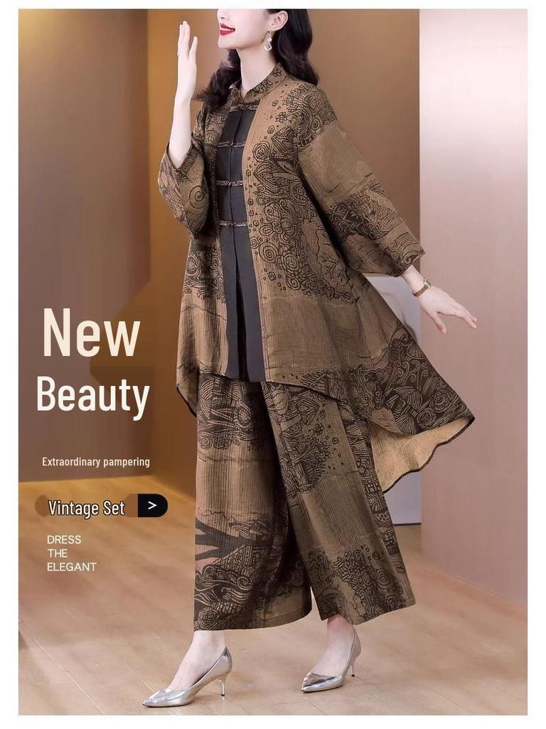 Lady's Spring 2025 Plus Size Retro Two-Piece: Irregular Top & Wide-Leg Pants Set