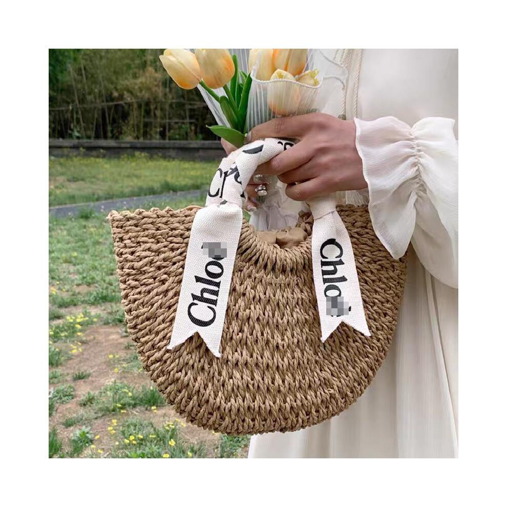(Khaki large size) New one-shoulder handbag straw woven tote bag