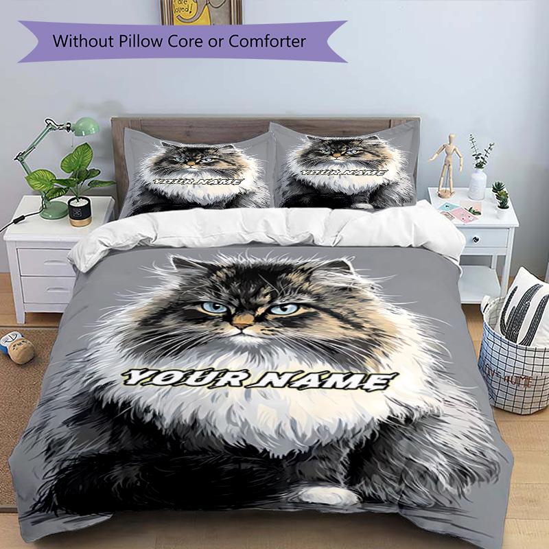3PC Custom Name Proud Cat Portrait Bedding Set Duvet Cover Closure Includes 1 Duvet Cover & 2 Pillowcases for Bedroom