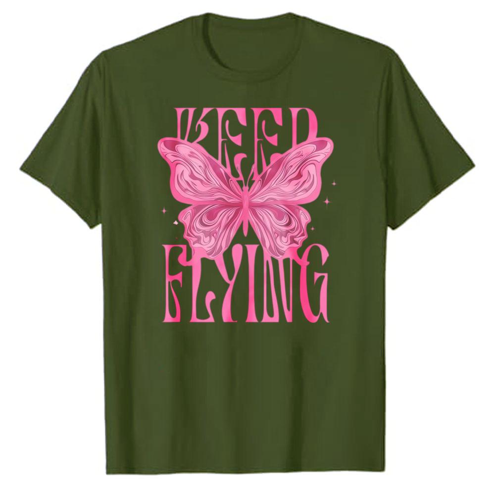 Aesthetic Pink Butterfly Keep Flying Letter Print Tshirt Women Cotton Tee Inspirational Quote Casual Y2K Streetwear Daily Tops