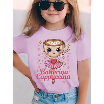 Ballerina Cappuccina Girls' T-shirt Brainrot Fun Children's T-shirt Summer Fashion Short Sleeve Top Cute Children's Clothing