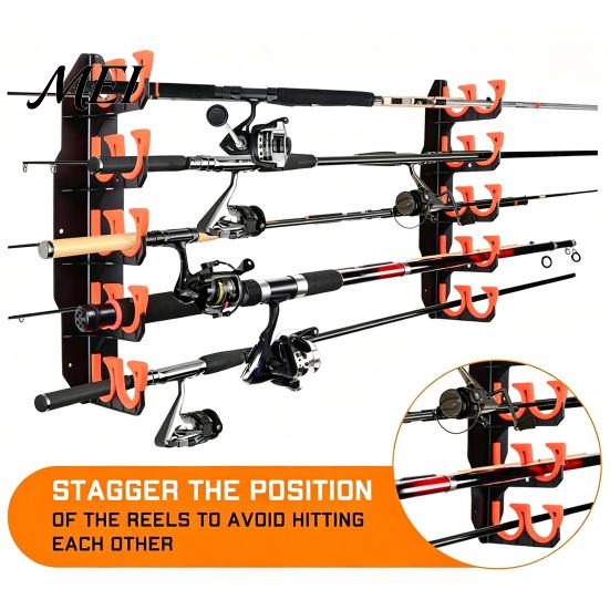 Indoor Fishing Tackle Storage 2Pcs Wall Mount Rod Holder, 5 Pole Display Organization Rack for Garage Shed, Horizontal Organizer Stand