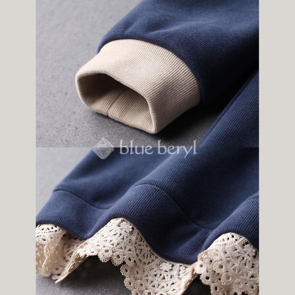 Blue Beryl Lace Long Fleece Loose [Limited Stock] Women's Hoodie, Pullover, Hem, Sleeves, Lining, Fit, Blue, BB028-BL-S