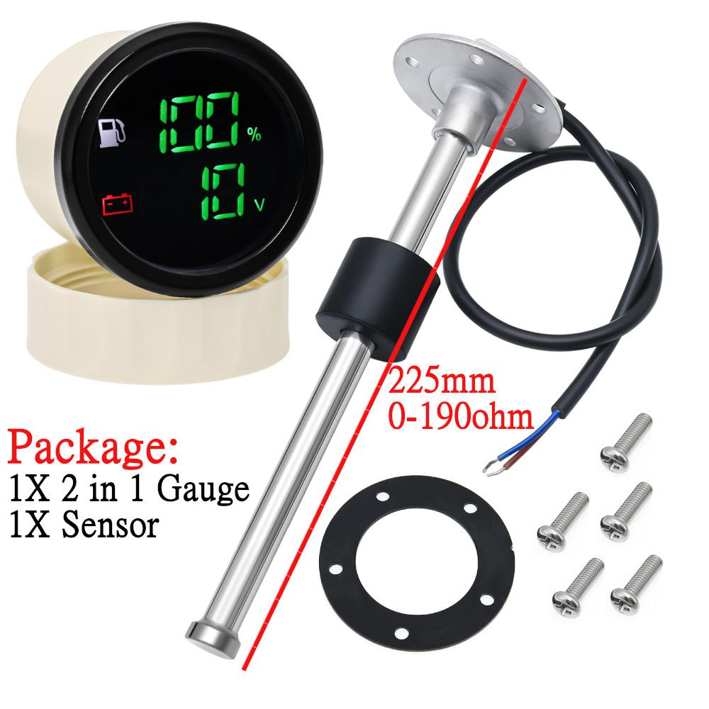 52MM 2 IN 1 Dual Digital Gauge Fuel Level Gauge Voltmeter With Warning Light Fuel Level Sensor For Marine Boat Car Truck