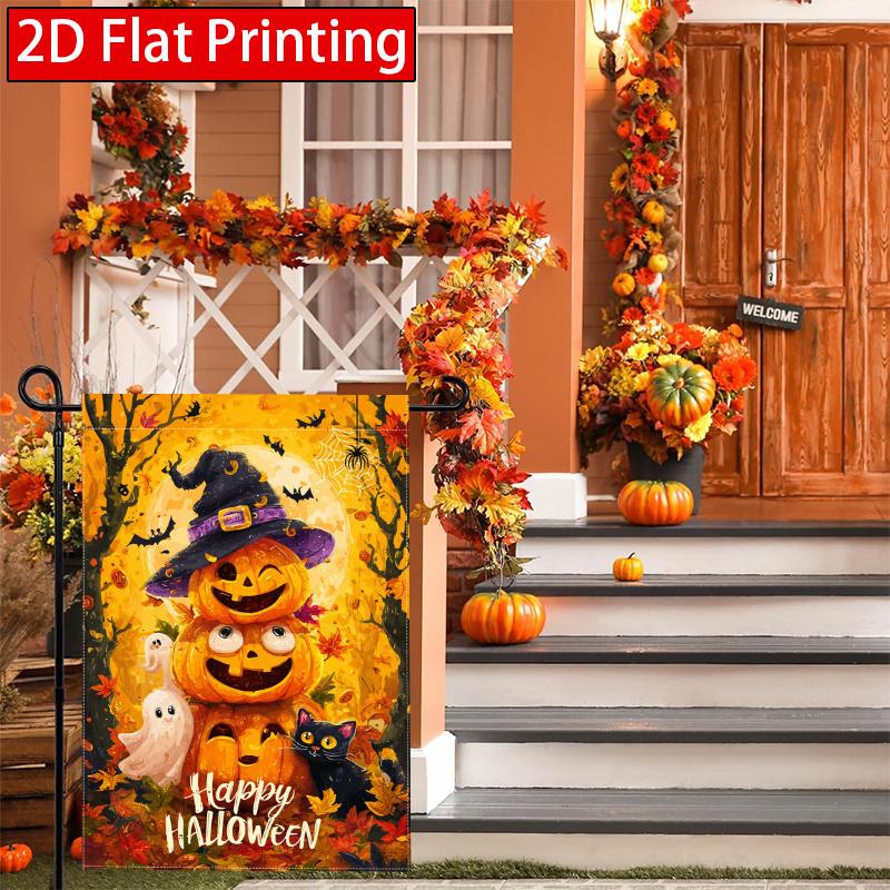 2D Flat, 2D Flat Halloween Stacked Pumpkin Wizard Hat Forest Full Moon Garden Flag- Outdoor Garden Flag Double-sided Home Decoration Courtyard Decorat