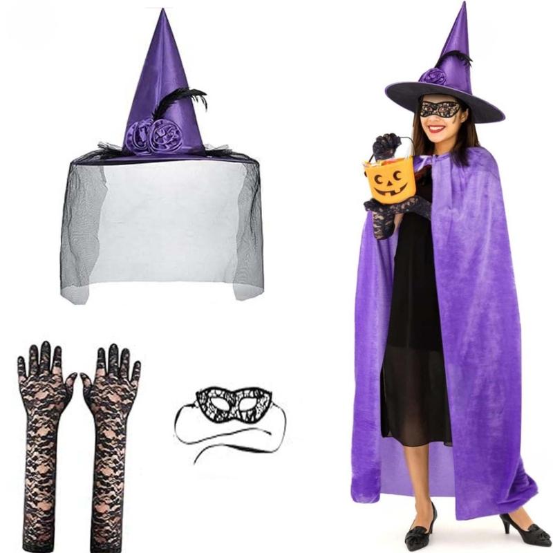 Women Costume Witch Hat Witch Cloak Lace Eye Mask Long Gloves for Halloween Masquerade Cosplay Adult Halloween Costume