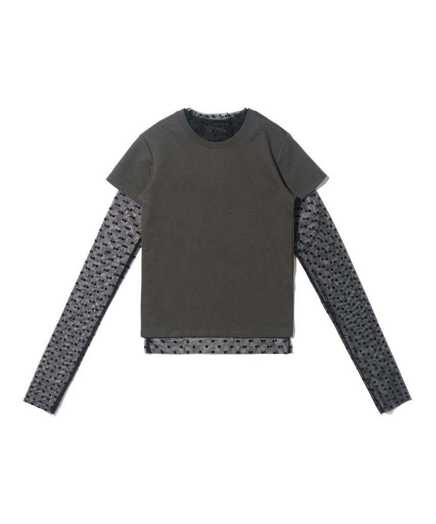 CARGOBROS FOR WOMAN Dot See-Through Long Sleeve Layered Short Sleeve Tee Set (Black/Charcoal)