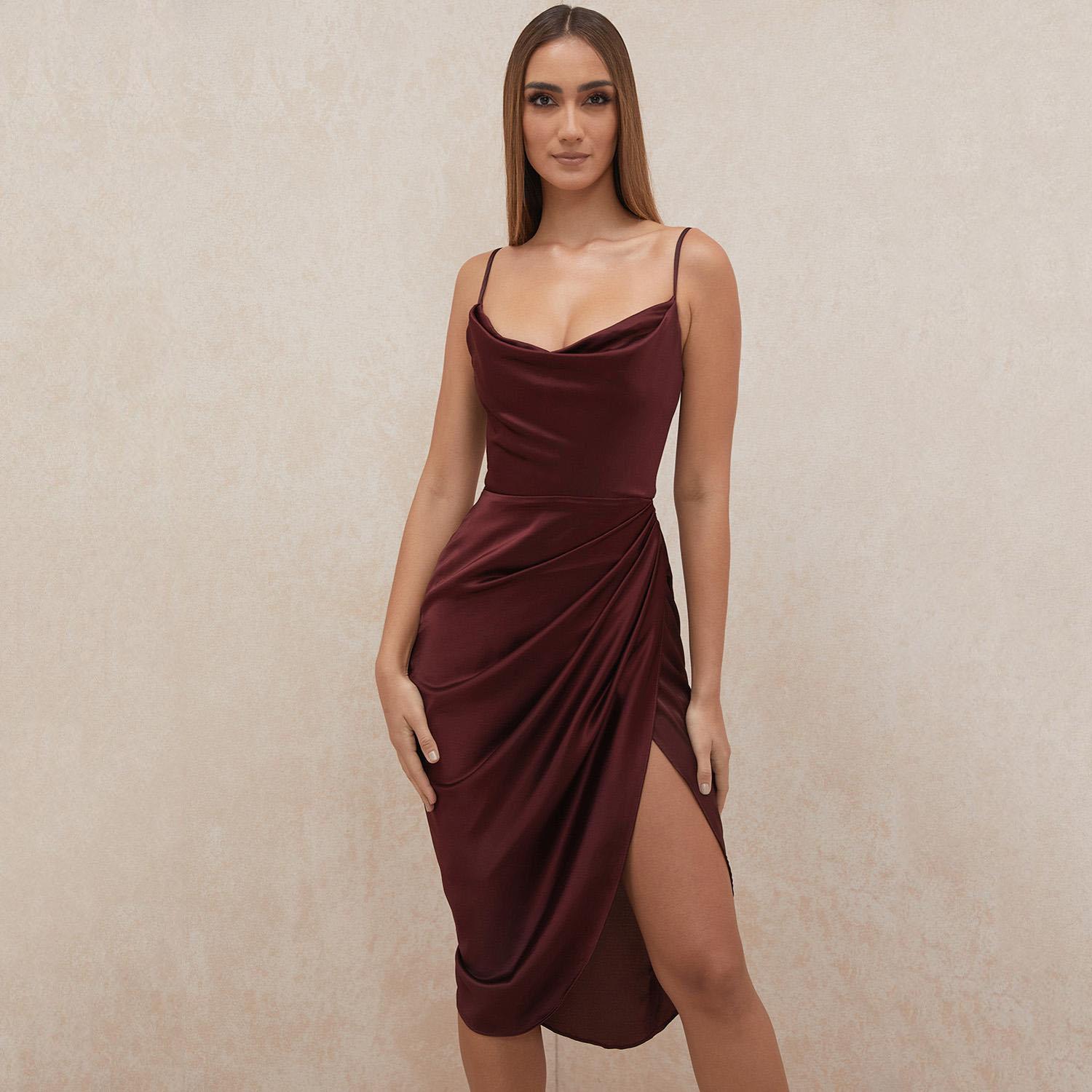 

Атласное платье миди, женское платье с рюшами на бретелях, корсет с открытой спиной, облегающее платье с открытыми плечами, элегантная вечерняя клубная одежда L вино красного