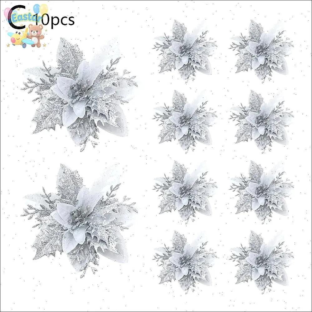 

10 шт. Рождественский трехъярусный рождественский цветок Искусственный цветок Цветок с золотой пудрой Рождественская елка Праздничный подарок Венок для украшения серебряный