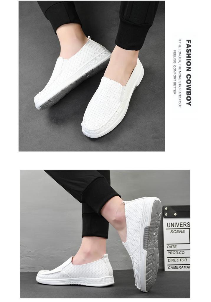 Herren Weiße Perforierte Leder Slip-On Krankenschwester Schuhe - Atmungsaktiv, Rutschfest, Verschleißfest, Lässige Flache Sohle Board Schuhe