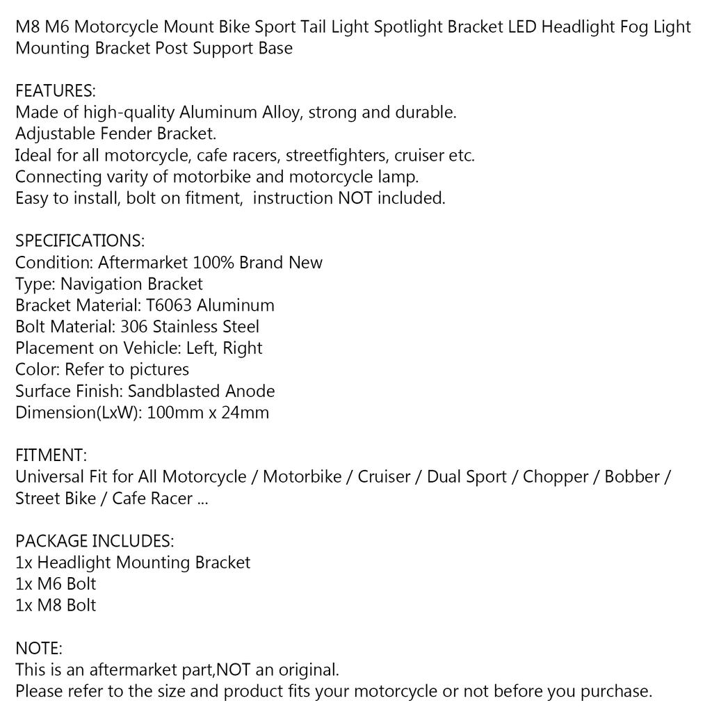 Black M8 M6 Motorcycle Headlight Fog Light Mount Bracket Extender Support Bar