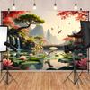 2D Chinesischer Landschafts-Hintergrundstoff mit Wasserfall, Kiefern & Kranichen für Studio & Heimdekoration