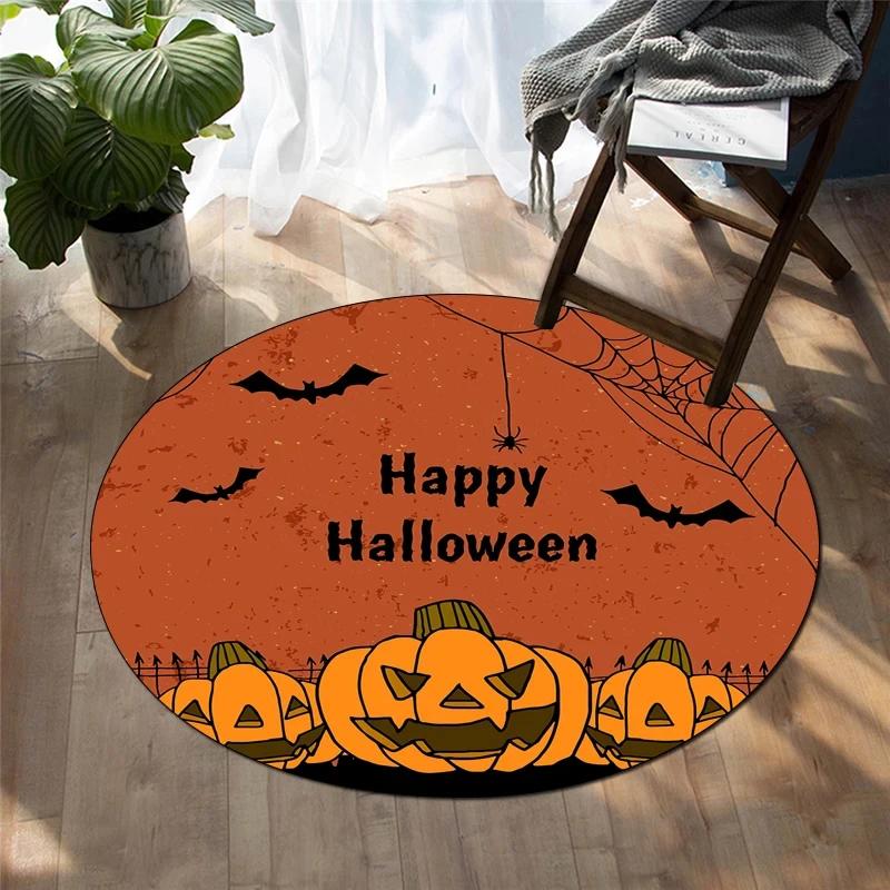 Happy Halloween Round Carpet Castle Bat Print Area Rug for Living Room Bedroom Chair Non Slip Horror Theme Floor Mats Yoga Mat
