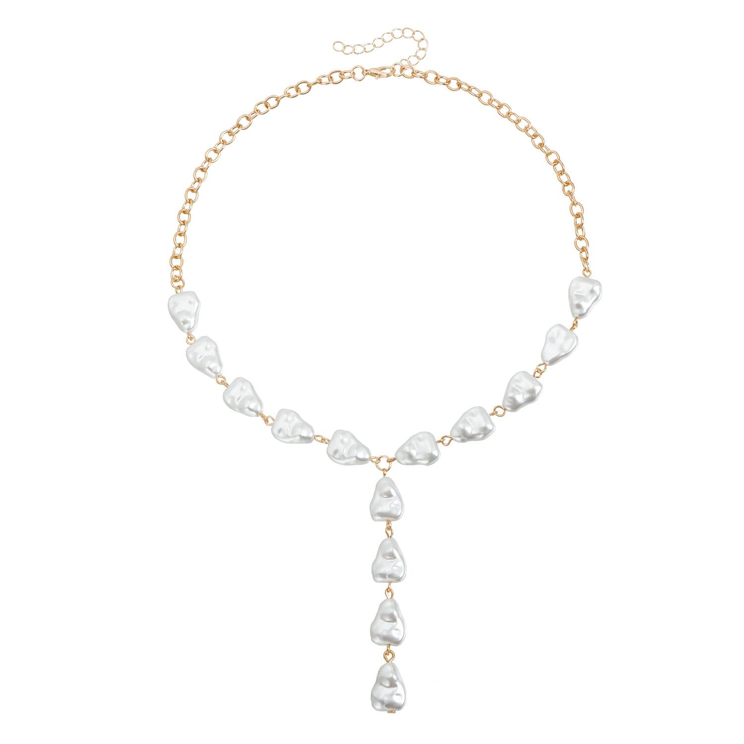 Baroque Flat Imitation Pearl Y Necklace French Vintage ins Wind Clavicle Chain