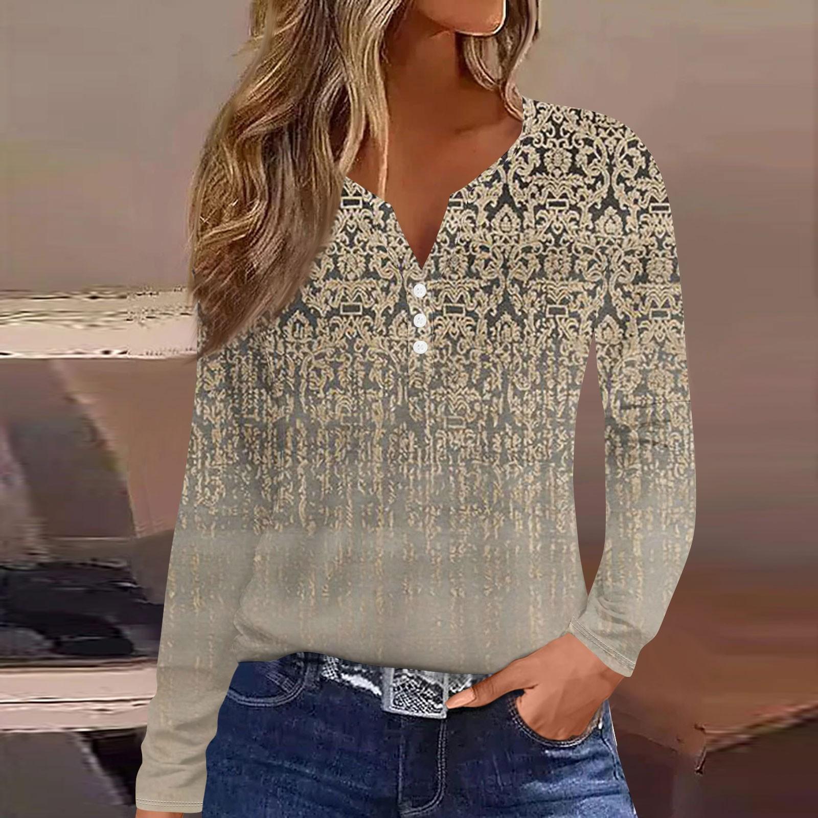 

Женская модная повседневная футболка с v-образным вырезом и цветочным принтом, длинный рукав, декоративная пуговица, топ XXXL хаки
