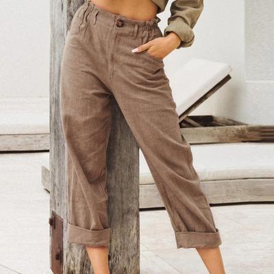 Calças Curtas Femininas Cintura Elástica Calças de Linho Calças Soltas 3/4 Calças de Algodão Streetwear