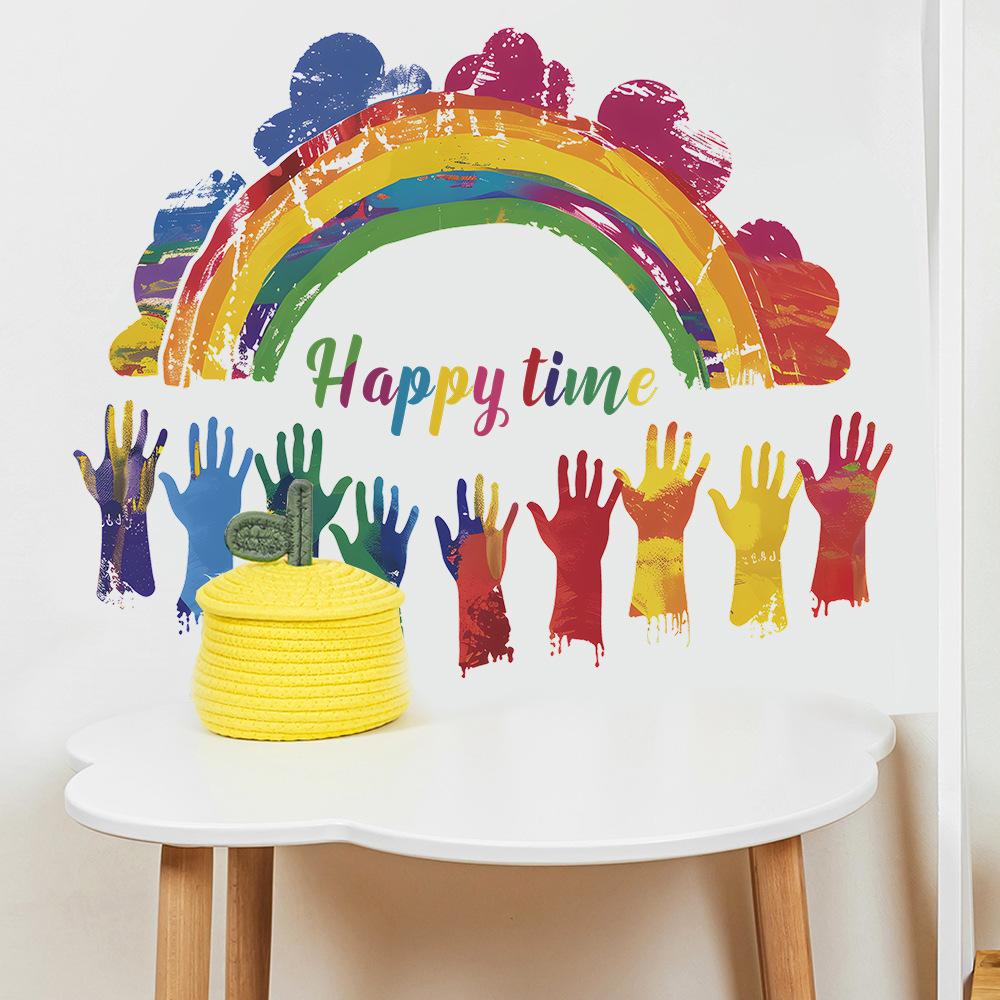 Graffiti Handprint Rainbow Happy Time Wall Sticker Self-Adhesive for Kids Room Kindergarten Wall Decoration