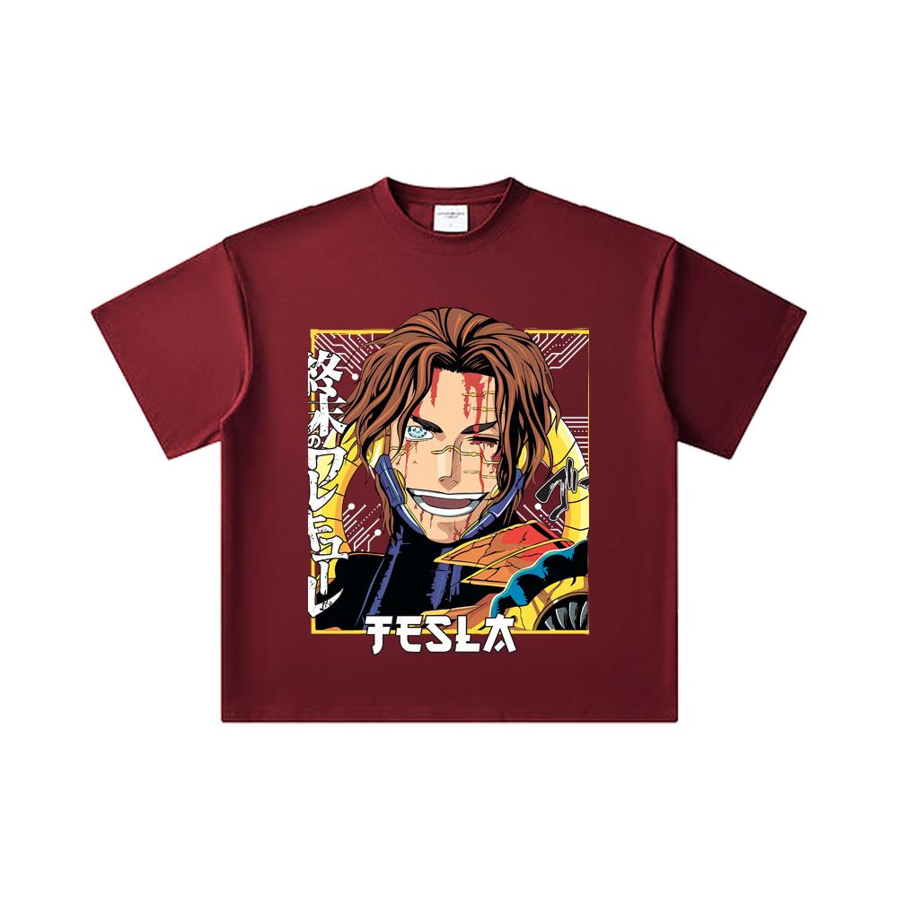 

260 GSM Double Yarn 32 Count 100% Cotton Record of Ragnarok V8 Tesla Print Unisex Heavy Cotton T Shirt 2XL вина червоного кольору