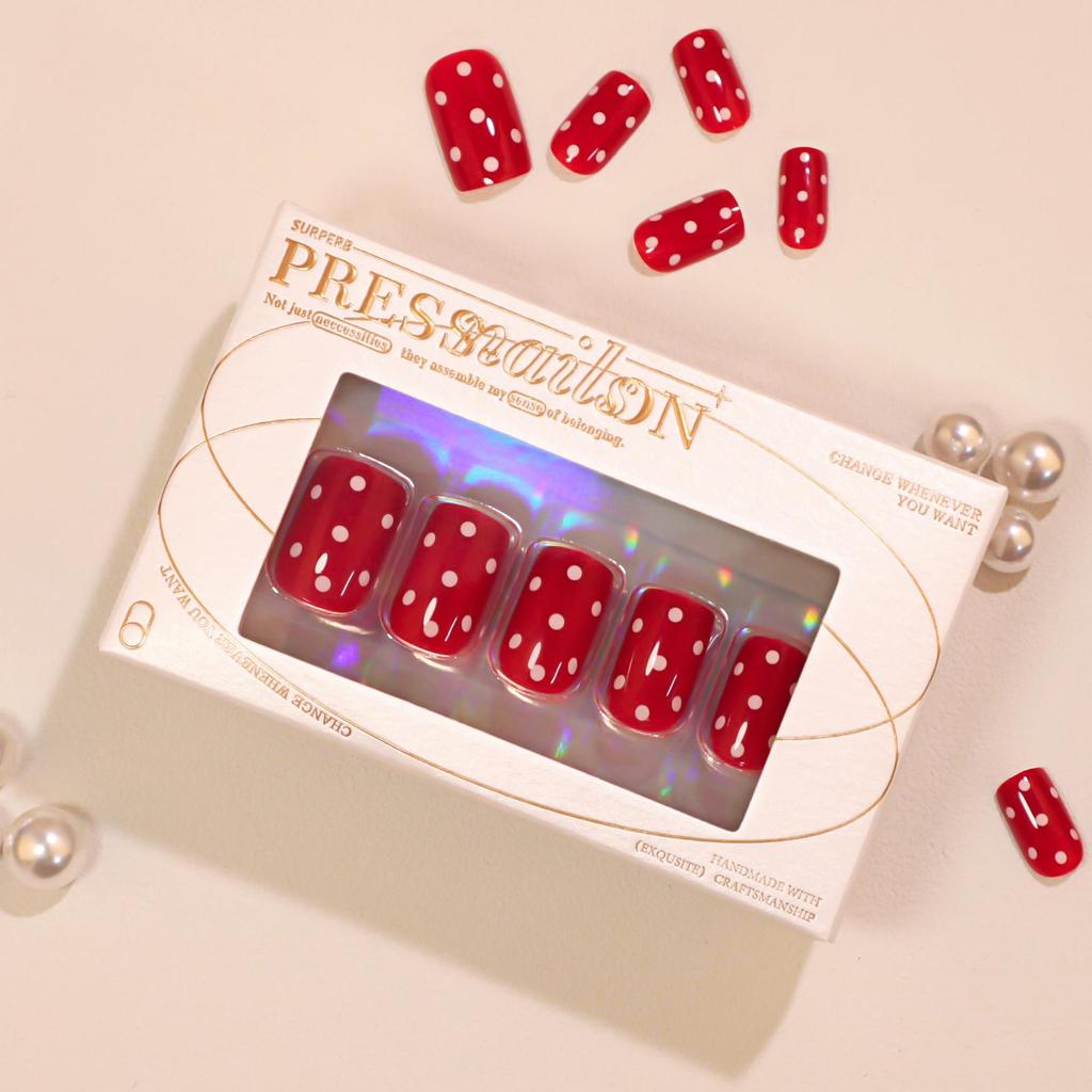 Premium 30-Piece Press-On Nails Set: Short Red Polka Dot Design for Manicures
