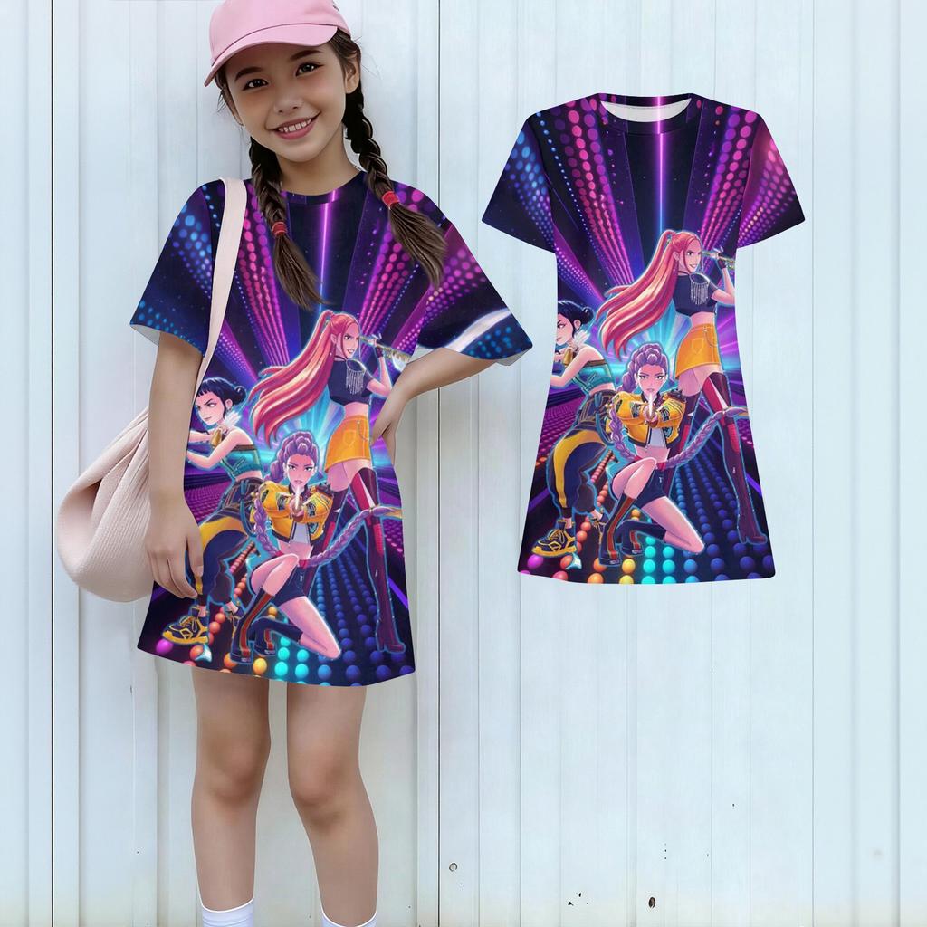 Girls Print Casual Dress Kids Loose Round Neck Short Sleeve Thin Sundress