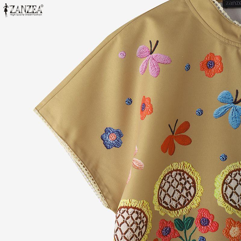 ZANZEA Damska bluzka z krótkim rękawem i okrągłym dekoltem w kwiaty