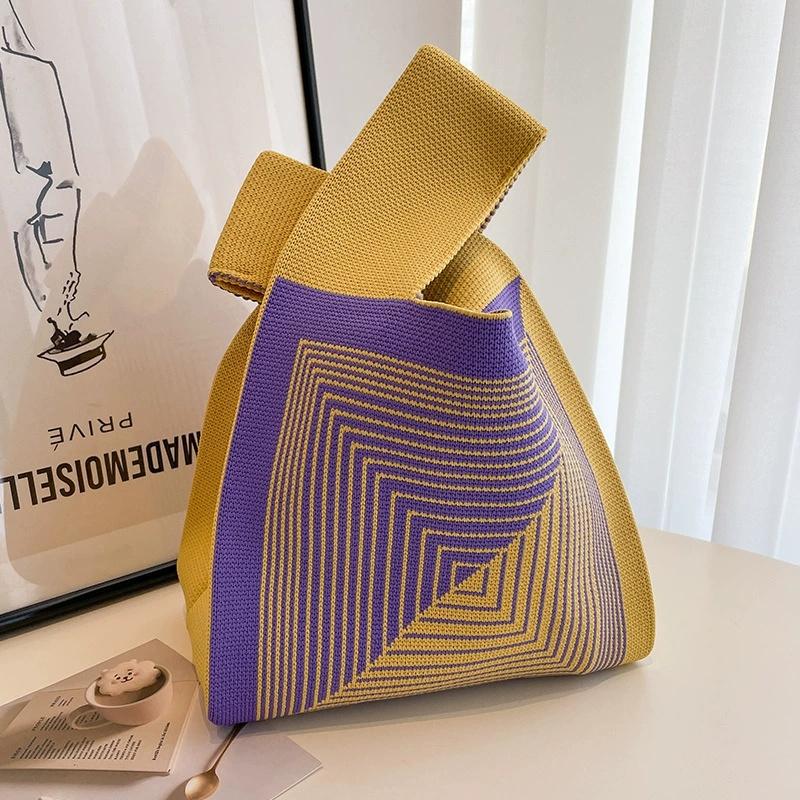 1Pc Portable Knitted Bag Women Handmade Knitted Small Handbag, Casual Wrist Bag, Student Reusable Shopper Mini Tote Bag