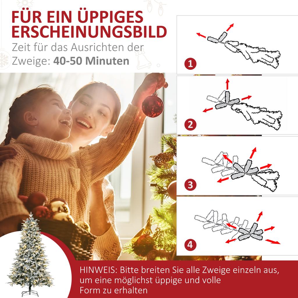 Artificial Christmas Tree, Fir Tree, incl. Artificial Snow, LED Lights, 180 cm, Green + White