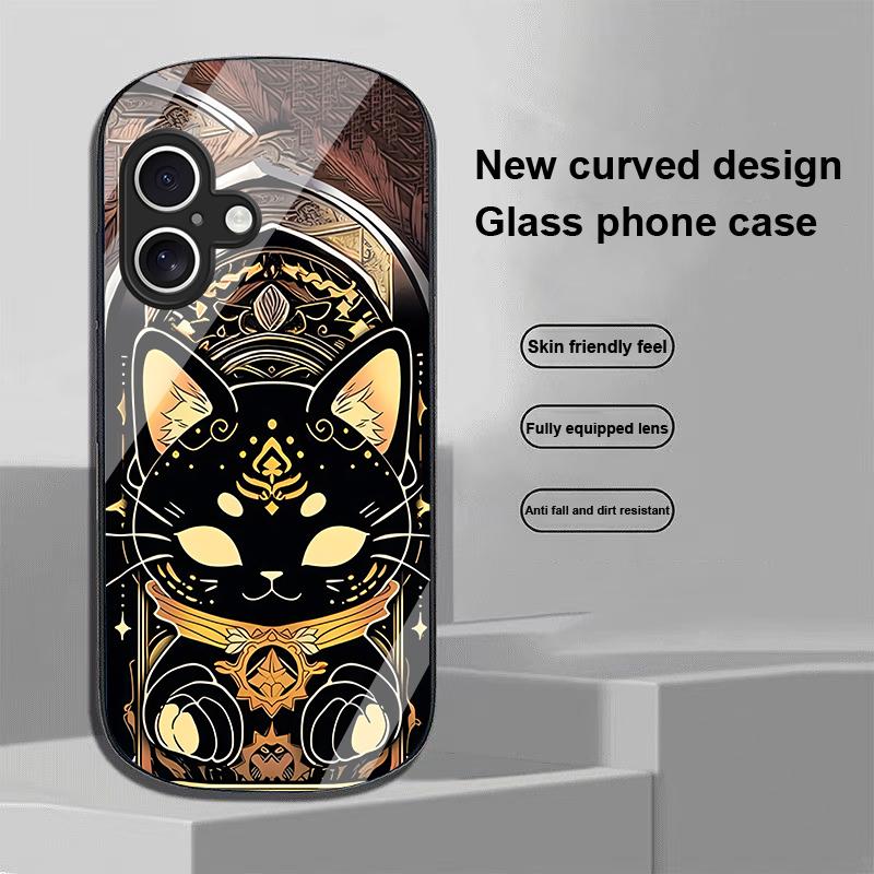Black Gold Cat For Apple IPhone 16 11 13 15 14 Pro Max 12 Mini 7 8 Plus XR X XS Elliptical Shaped Tempered Glass Phone Case