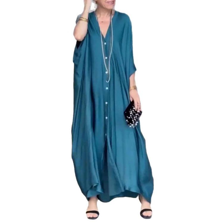 Women's V-neck Batwing-sleeve Satin Loose-fitting Casual Straight-cut Plain-coloured Dress