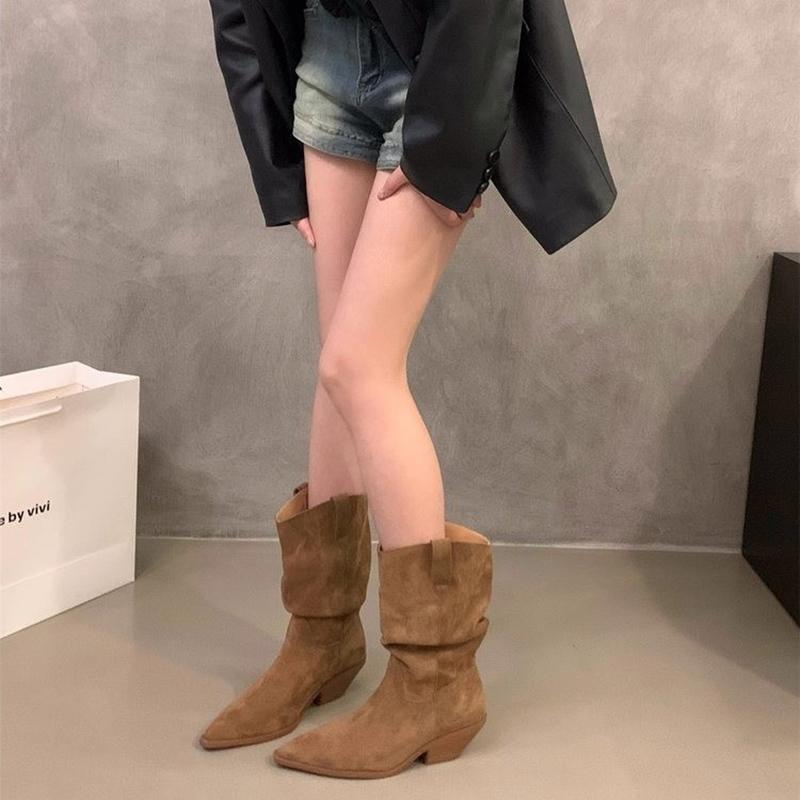Vintage Thick Heel Pointed Toe Women Western Cowboy Boots Autumn Winter Ladies Shoes Elegant Slip On Mid Calf Booties