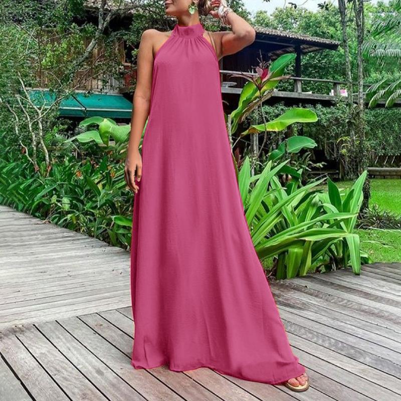 

VONDA Summer Women Bohemia Sleeveless Solid Color Casual Beach Loose Maxi Dress 5XL темно-розовый