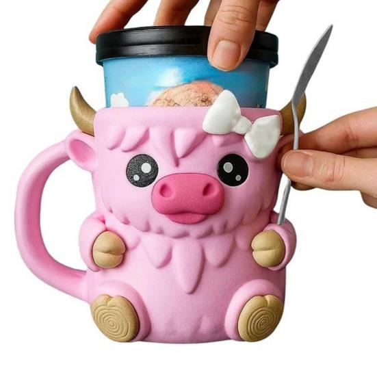 Držák na pintu zmrzliny Highland Cow Držáky na nanuky Držák na plechovku od piva Izolovaný držák na zmrzlinu se skrytou zásuvkou na svačinu a lžičkami