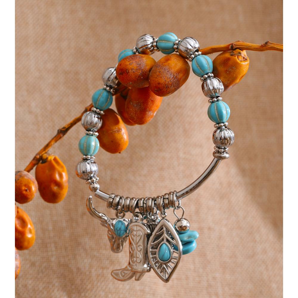 Yhpup 2026 Stainless Steel Handmade Jewelry Turquoise Stone Beads Chain Shoes Heart Leaf Drop Charm Statement Bracelet Bangle
